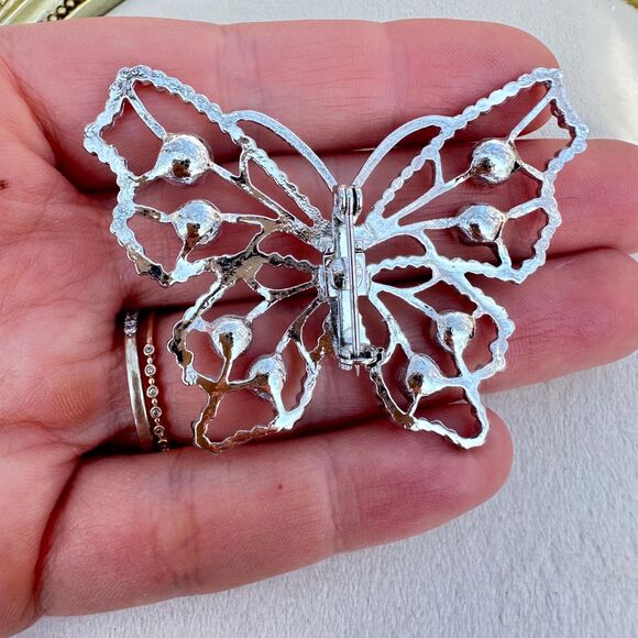 Vintage Jewelry Silver Tone Rhinestone Butterfly Brooch Butterfly Pin - Picture 2 of 2
